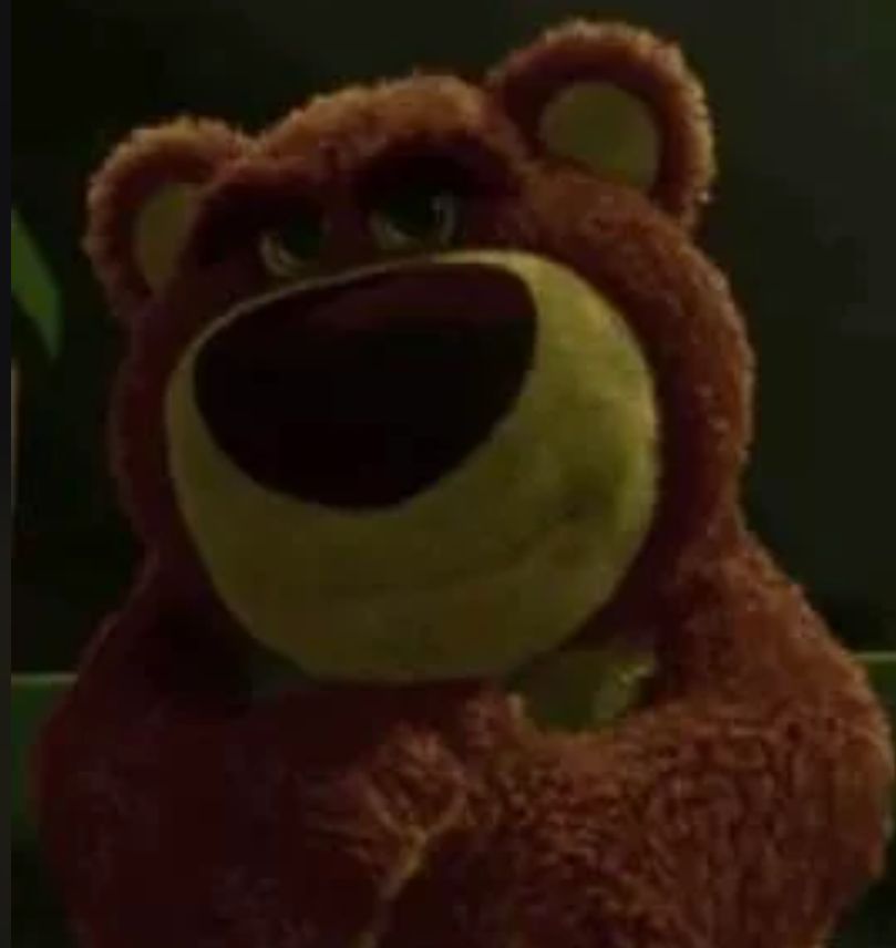 Lotso Bear from Toy Story 3, his stern expression and shadowed lighting reflecting the character's authoritarian and manipulative role.