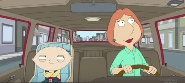 Stewie Griffin sitting in a car seat beside Lois Griffin in Family Guy, displaying a stern and irritated expression that reflects his exaggerated hostility.